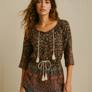 Paradise Dark Black Floral Pattern Boho Long Tie Waist Tunic Blouse Size Medium